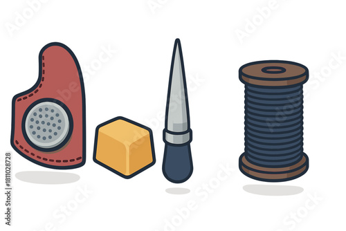 Crafting supplies for handmade leather goods featuring an awl, thread spool, wax, and leather piece