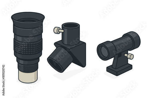 Essential accessories set for astronomical telescopes: eyepiece, diagonal, finder scope