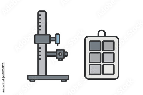 Precision height gauge measuring tool and grayscale color swatch card for quality control