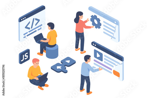Software developers team collaborating on coding, web design, and application settings
