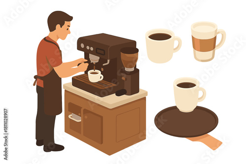 Barista preparing espresso coffee on a machine with cups and cafe service