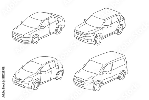 Modern passenger vehicles set including sedan, SUV, hatchback, and minivan