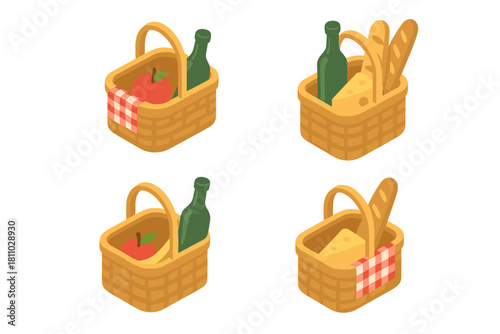 Isometric collection of four wicker picnic baskets filled with gourmet food items