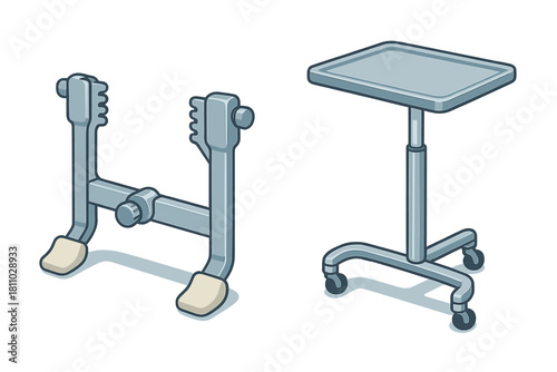 Isometric medical equipment set with motorcycle stand and adjustable tray table