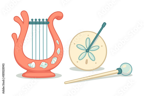 Stylized lyre, sand dollar, and magic wand collection in soft pastel colors