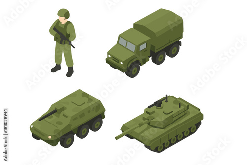 Isometric collection of military vehicles and soldier in green uniform