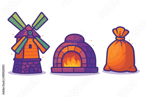 Traditional windmill, brick oven, and large flour sack for baking and milling