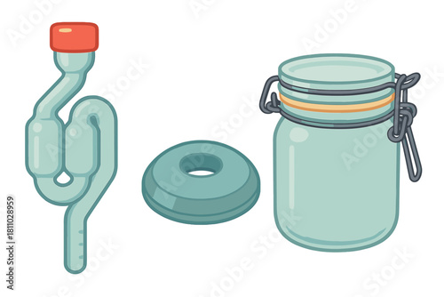 Home brewing fermentation equipment set with glass jar, airlock, and rubber stopper