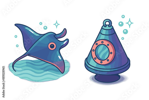 Cute manta ray and deep sea diving bell icons in vibrant gradient colors
