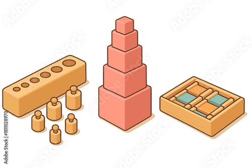Isometric set of Montessori educational materials featuring weights and stacking blocks