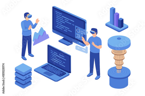 Isometric virtual reality developers interacting with data, coding screens, and server infrastructure