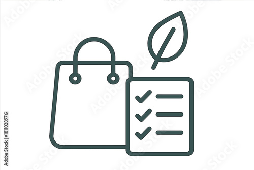 Sustainable shopping checklist icon with paper bag and green leaf symbol for eco-friendly consumerism and ethical purchasing