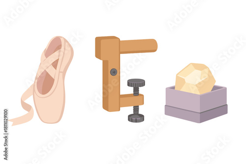 Unusual grouping of a ballet slipper, wooden C-clamp, and faceted crystal in a box