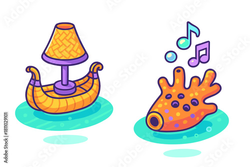 Brightly colored fantasy objects including a boat shaped lamp and a musical wind instrument