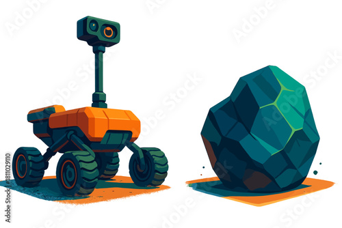 Autonomous planetary exploration vehicle next to a faceted alien rock formation