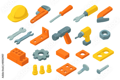 Isometric set of construction and repair tools including hard hat wrench screwdriver drill and building materials