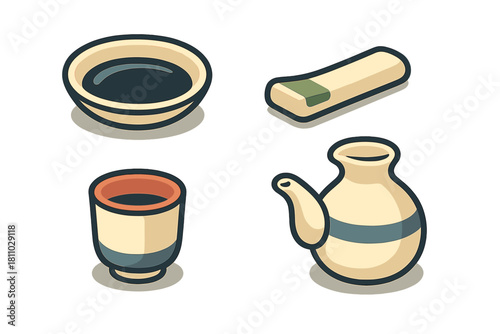 Isometric set of traditional Japanese tableware including soy sauce dish, sake server, and condiment piece