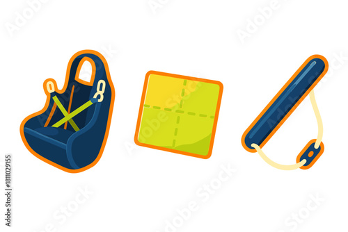 Stylized sports safety equipment set with racing bucket seat and handle grip