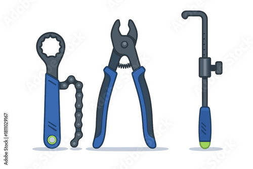 Specialized equipment set for bicycle maintenance and repair featuring chain tool and pliers
