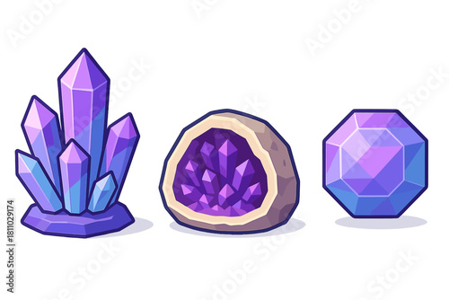 Magical collection of purple and blue crystals including a geode and faceted gemstone