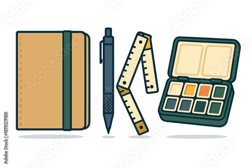 Closed notebook, mechanical pen, folding ruler, and watercolor paint set for creative design