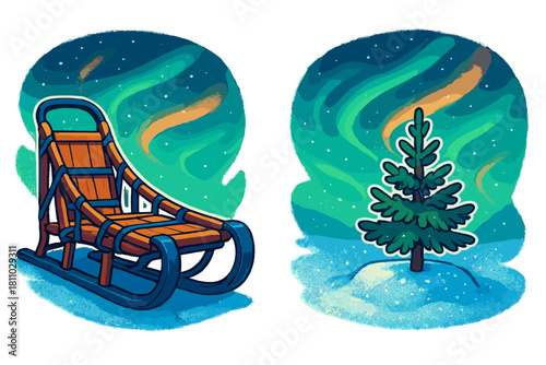 Traditional wooden dog sled and evergreen tree under the spectacular green and orange Northern Lights in a snowy winter landscape