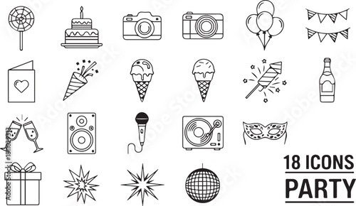 Minimalist Outline Vector Icons Set for Celebration, Party, Birthday, and Event Design
