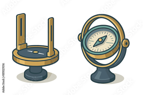 Antique nautical navigation instruments set featuring a gimbaled compass and sighting device