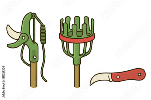 Long-reach pruner, fruit picker basket, and curved pruning knife set for gardening