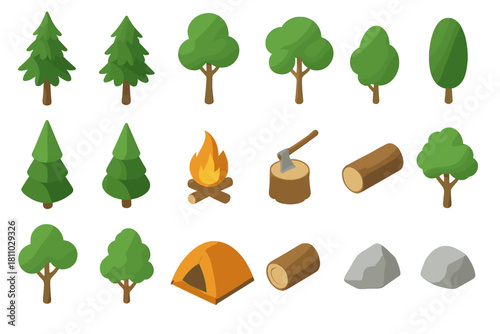 Isometric camping and outdoor elements including tent, campfire, trees, logs, and rocks