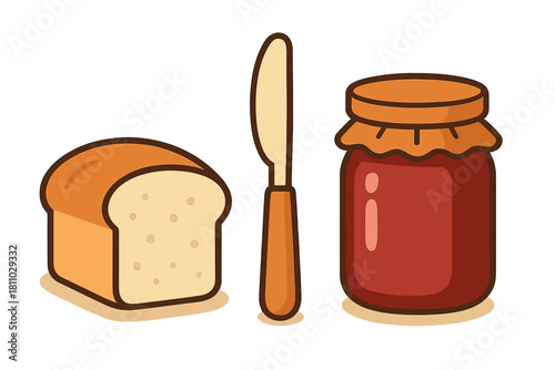 Fresh loaf of sliced bread, spreading knife, and jar of sweet fruit jam