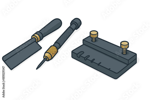 Precision hand tools set featuring a small saw, pin vise, and adjustable guide block
