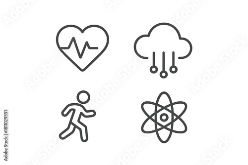Collection of outline icons representing health, fitness, science, and digital cloud computing