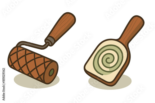 Stylized decorative kitchen utensils including patterned rolling pin and wooden paddle