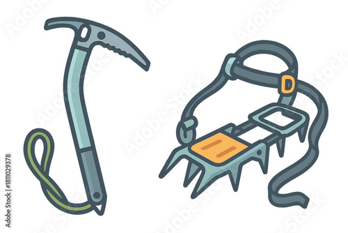 Essential mountaineering equipment set featuring ice axe and robust crampons