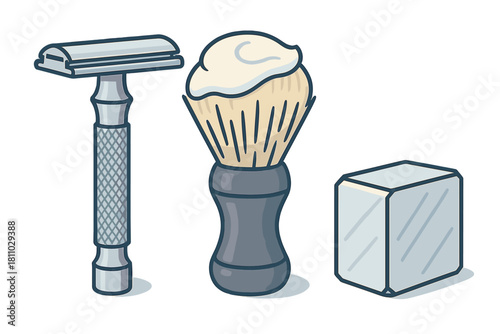 Classic wet shaving set with safety razor, lather brush, and aftershave block