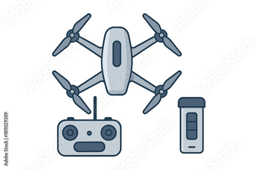 Professional aerial drone equipment set with quadcopter, controller, and battery pack