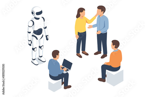 People interacting near a modern humanoid robot symbolizing artificial intelligence integration