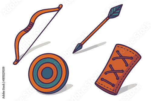 Archery equipment set including bow, arrow, target, and leather arm guard