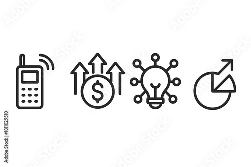 Business and finance icons for mobile communication, financial growth, creative ideas, and market analysis