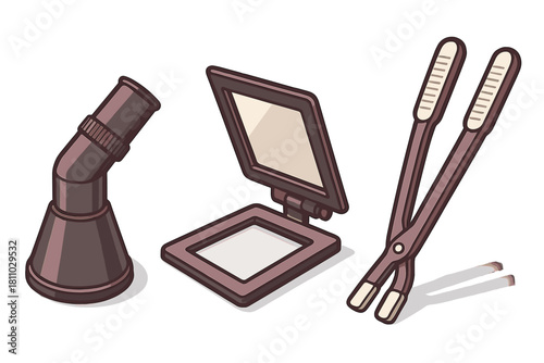 Darkroom equipment set with enlarger lens, printing frame, and developing tongs