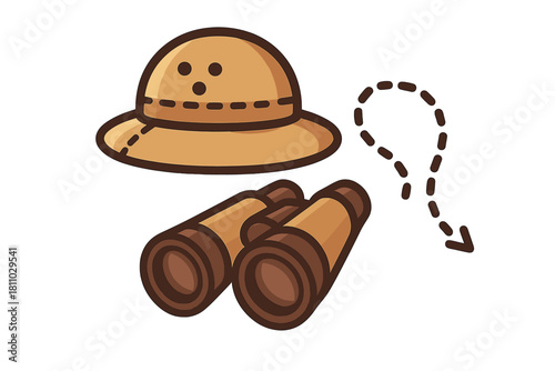 Traditional explorer's equipment featuring a pith helmet and a pair of brown binoculars