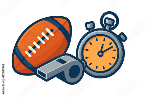 American football, referee whistle, and stopwatch set for sports competition