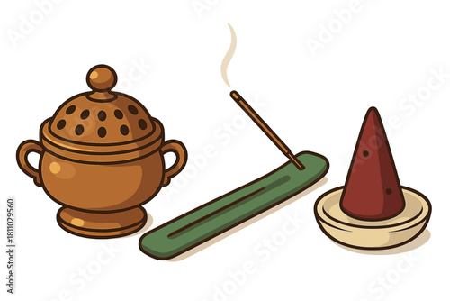 Assortment of incense accessories with a smoking stick, cone, and covered censer