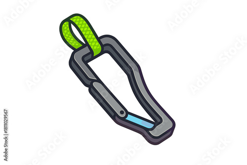 Heavy duty metal carabiner clip with bright green webbing loop for climbing and safety