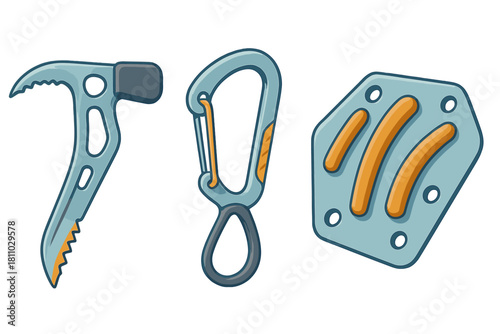 Essential mountaineering gear set with ice pick, locking carabiner, and crampon plate