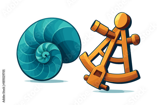 Classic navigational sextant instrument paired with a spiral nautilus shell on white background