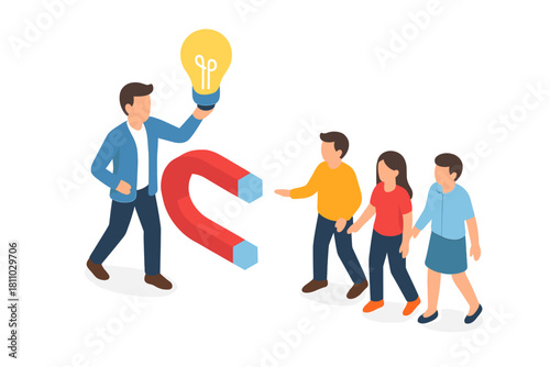 Businessman using magnet and lightbulb to attract potential customers and clients