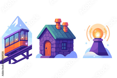 Stylized icons: mountain funicular, cozy stone house, and glowing beacon light