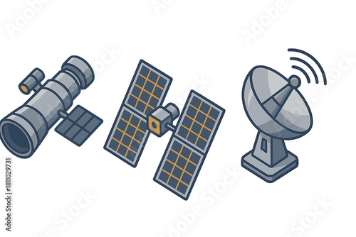 Isometric space technology icons including satellite, telescope, and radar antenna